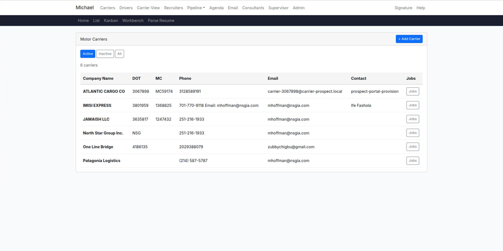 ProHRHQ carrier list interface